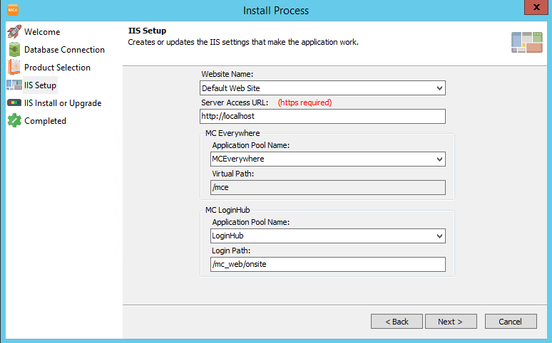 MCE Installation Wizard ISS Setup Information Page